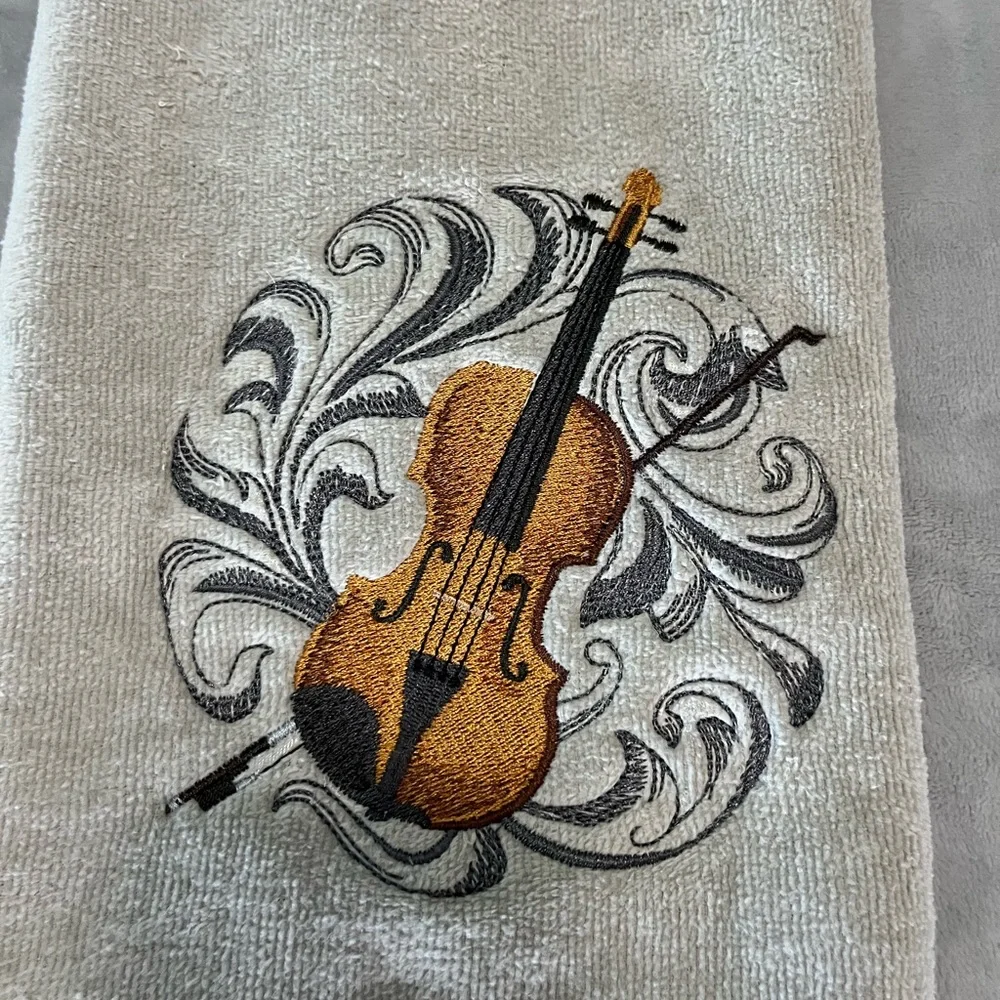 Violin theme embroidered pair of hand hand towels Handcrafted.